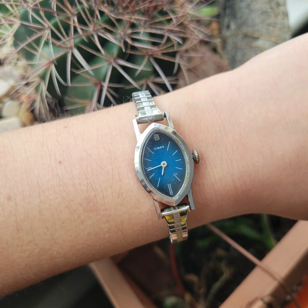 Vintage Timex Marquise Dainty Silver & Navy Blue Classic Stretch Watch
